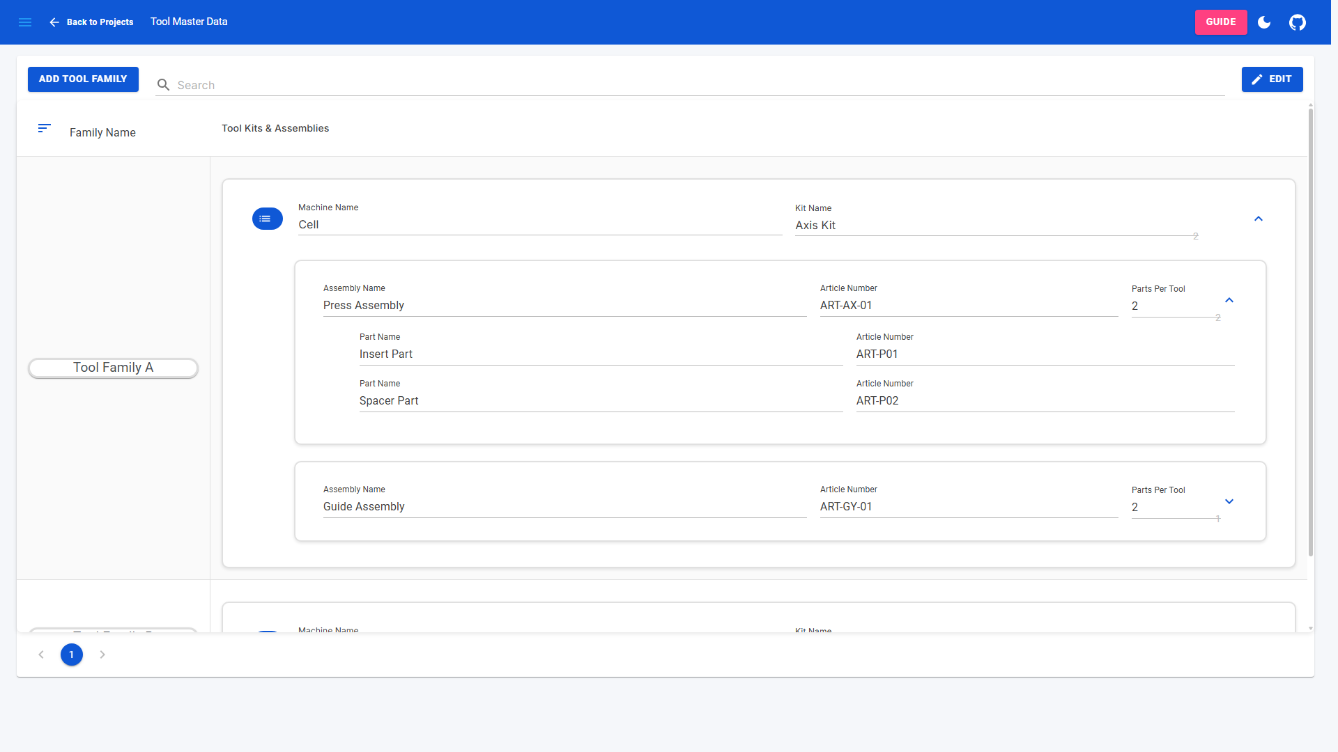 Tool Master Data preview